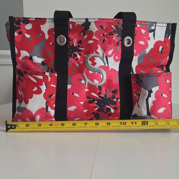 Thirty-One Pink Floral Tote with Black Straps With Monagram "S" - Picture 9 of 10